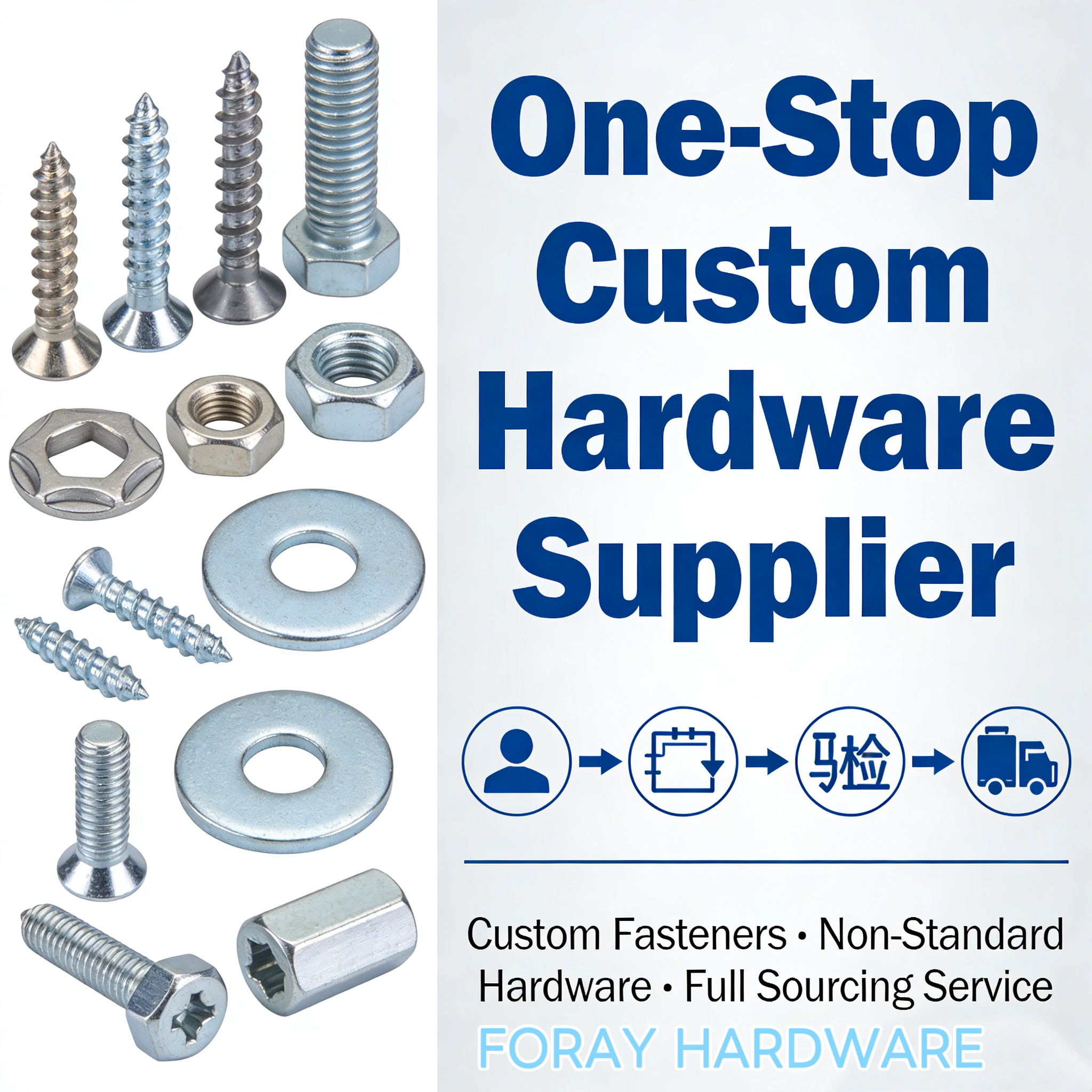 One-Stop Custom Hardware Supplier, screws, nuts, washers, non-standard hardware parts, full sourcing service, China fastener supplier