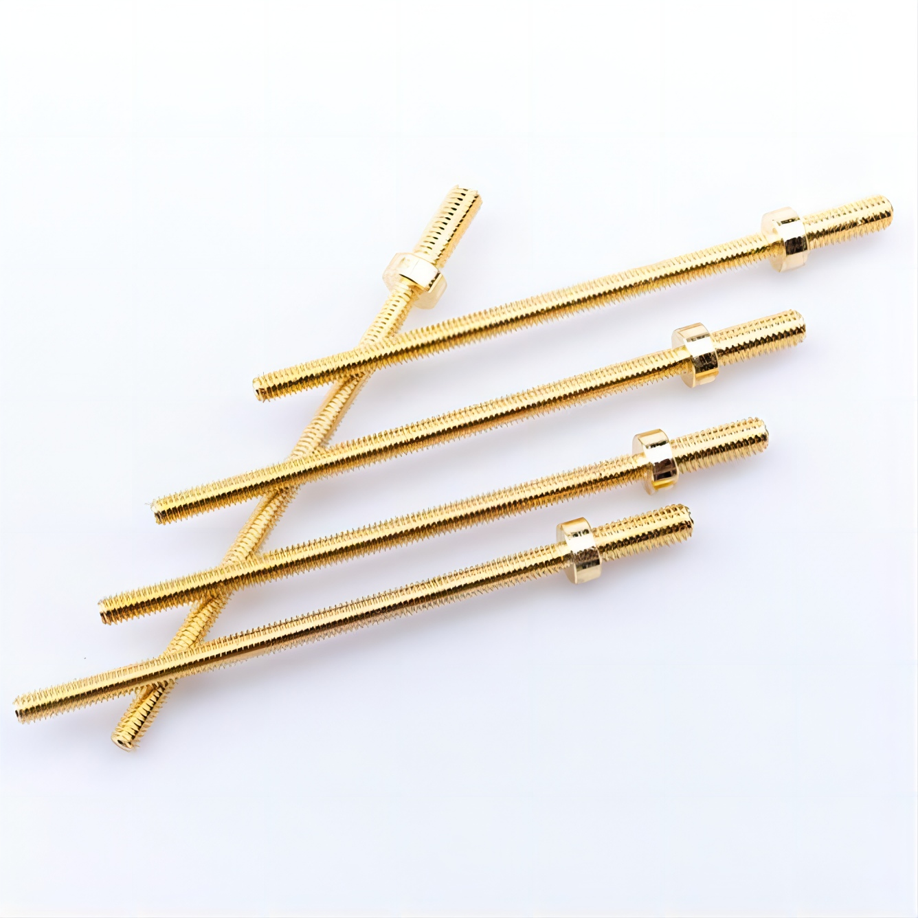 Golden left and right double ended screws with integrated hex nuts, full threaded rod for mechanical fastening and adjustment 