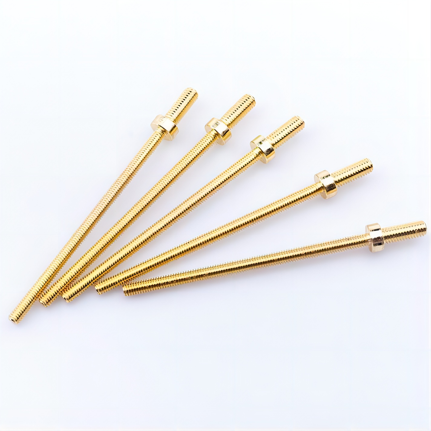 Bronze finish left and right double ended screws, threaded studs with hex nuts for industrial assembly and precision adjustment