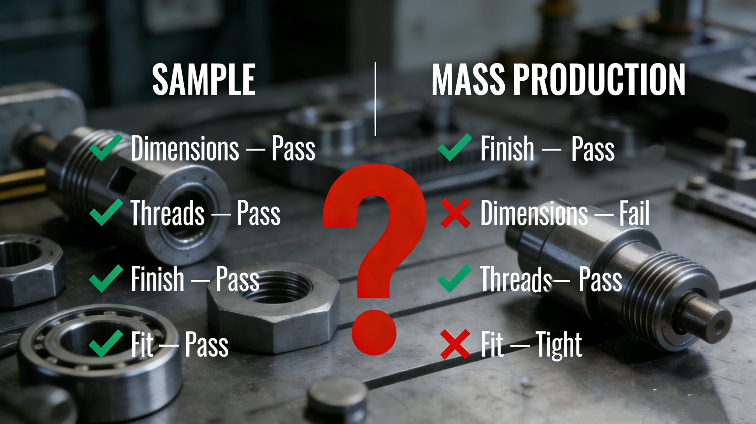 Side by side comparison of a perfect sample fastener (dimension pass, thread pass, finish pass, fit pass) versus failed mass production parts with multiple defects. A question mark in the middle asks what went wrong between sample approval and mass production.