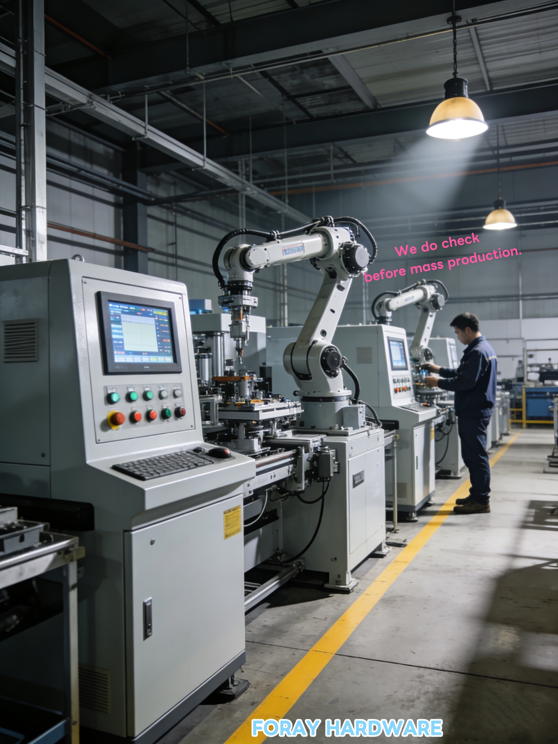  Automated machine and CNC machines in a modern hardware factory, with quality inspection before mass production. Foray Hardware custom fasteners production line. 